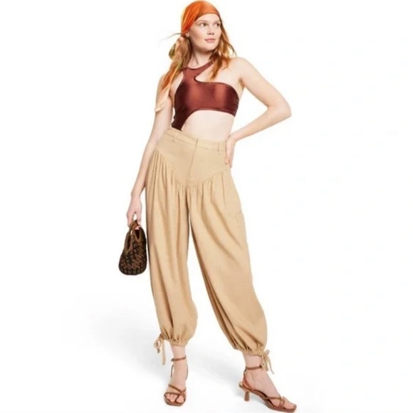 ✌️Fe Noel Pleated Boho Linen Blend Balloon Lantern Pants Tan women’s 4 lagenlook